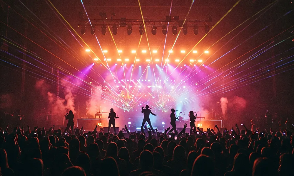 Multitud en un festival con pantallas LED y truss iluminado